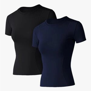 2 Pack Athletic Compression Tee Dry Fit Yoga Gym Basic Tops - Black and Blue